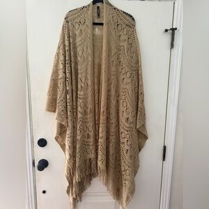 Torrid Cream Open Knit beige/tan fringe OS Kimono Poncho Sweater